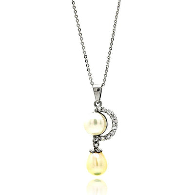 Sterling Silver Necklace with Stylish Paved Czs Crescent Design with Two Hanging Pearls PendantAnd Chain Length of 16 18  AdjustableAnd Pendant Dimensions: 15MMx11MM Pearl: 7MM