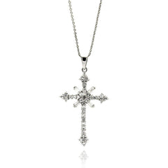 Sterling Silver Rhodium Plated Cross CZ Necklace