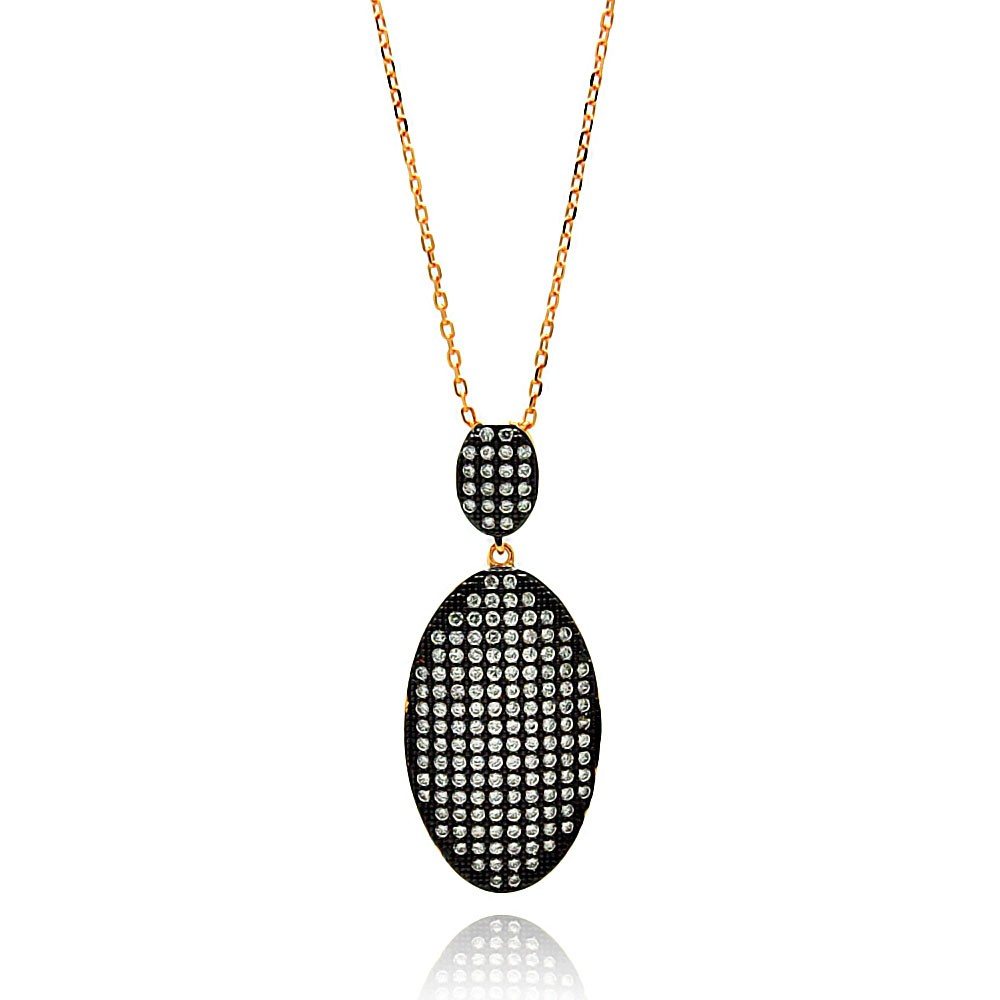 Sterling Silver Rose Gold Plated Necklace with Elegant Hanging Paved Czs Black Plated Oval PendantAnd Chain Length of 16 18 And Pendant Dimensions: 40.6MMx15.4MM