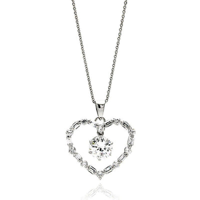 Sterling Silver Necklace with Open Heart Set with Round and Baguette Czs with Centered Solitaire Prong Round Cut Cz PendantAnd Chain Length of 16 -18  AdjustableAnd Pendant Dimensions: 21.5MMx23.9MM