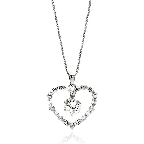 Sterling Silver Necklace with Open Heart Set with Round and Baguette Czs with Centered Solitaire Prong Round Cut Cz PendantAnd Chain Length of 16 -18  AdjustableAnd Pendant Dimensions: 21.5MMx23.9MM