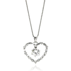 Sterling Silver Necklace with Open Heart Set with Round and Baguette Czs with Centered Solitaire Prong Round Cut Cz PendantAnd Chain Length of 16 -18  AdjustableAnd Pendant Dimensions: 21.5MMx23.9MM