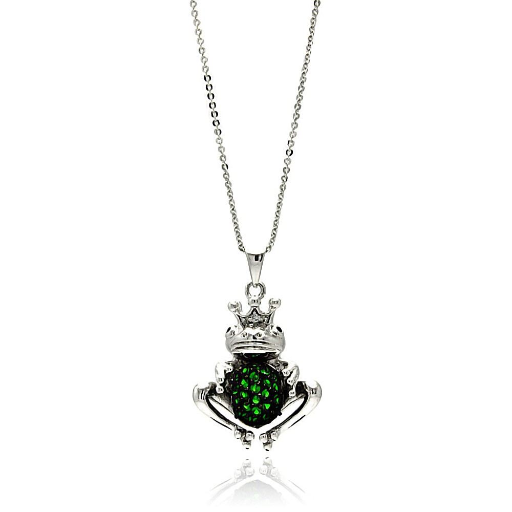 Sterling Silver Necklace with Frog Prince Inlaid with Green and Clear Czs PendantAnd Chain Length of 16 -18  AdjustableAnd Pendant Dimensions: 27MMx21.3MM