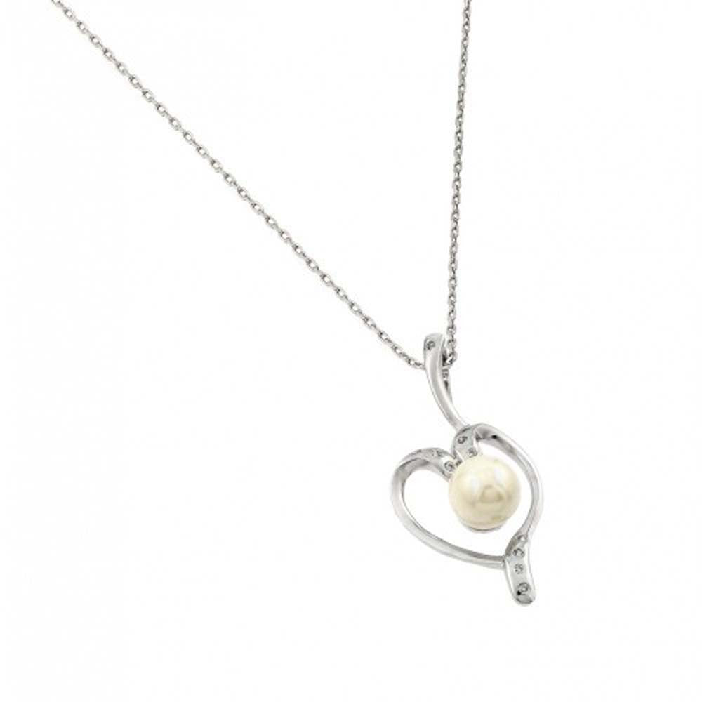 Sterling Silver Rhodium Plated Open Heart CZ Center Pearl Necklace