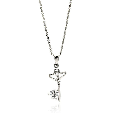 Sterling Silver Necklace with Trendy Open Heart Key with Single Round Cut Clear Cz PendantAnd Chain Length of 16 -18  AdjustableAnd Pendant Dimensions: 21.8MMx10MM