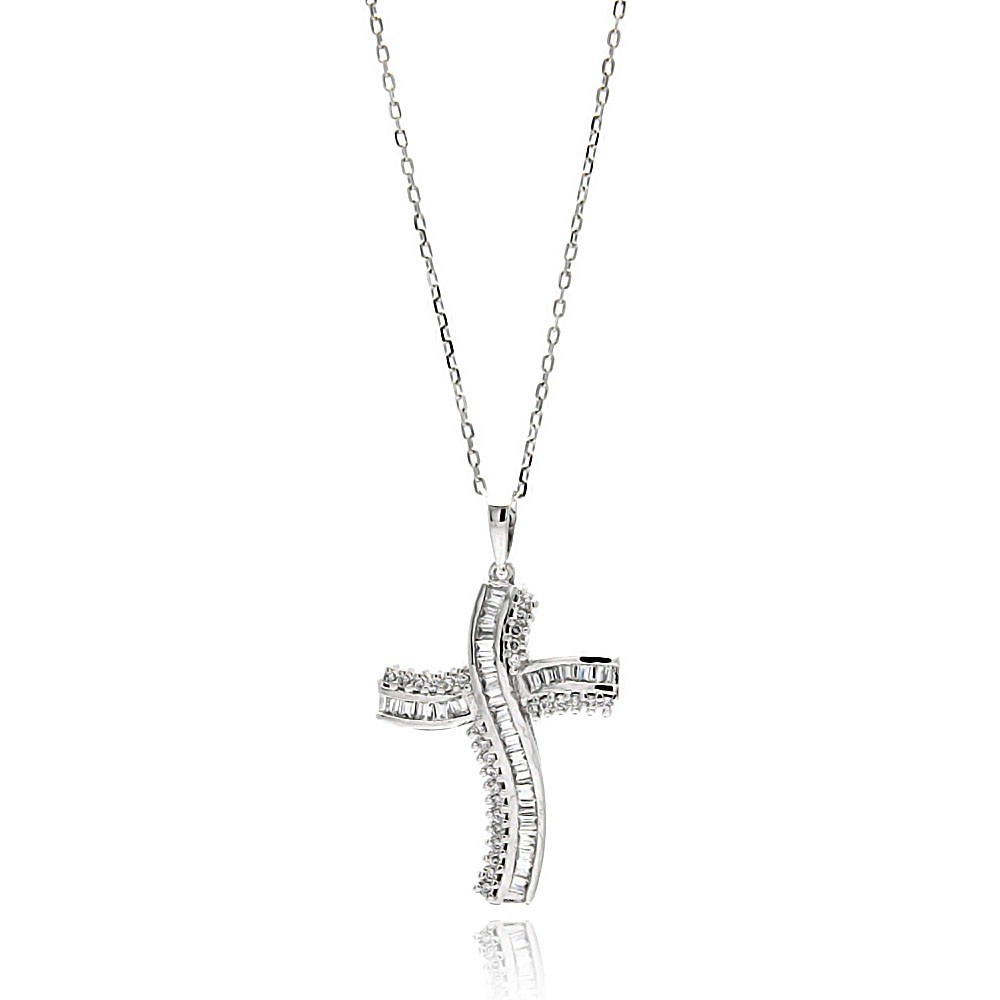 Sterling Silver Rhodium Plated Curvy Cross CZ Necklace