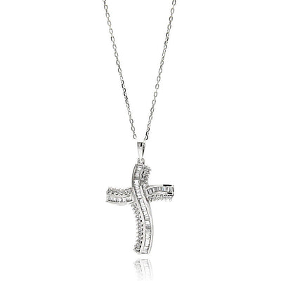 Sterling Silver Rhodium Plated Curvy Cross CZ Necklace