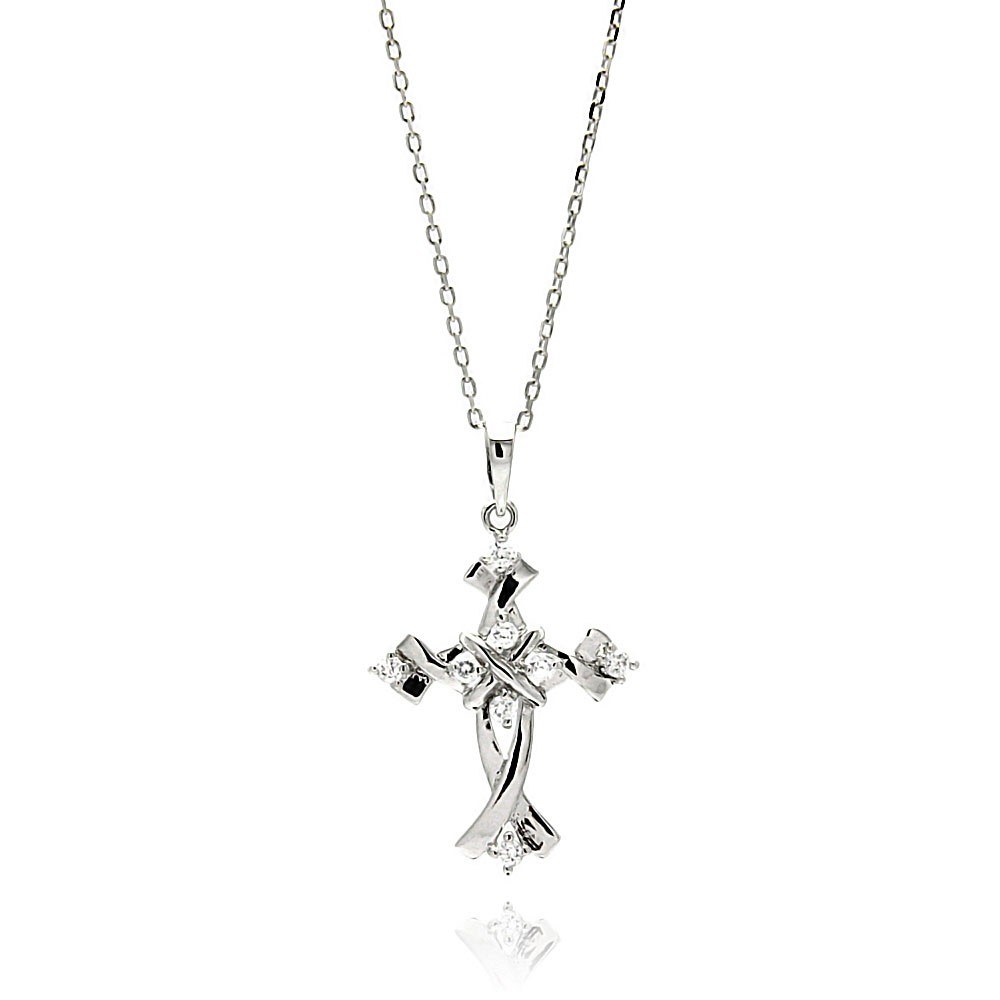 Sterling Silver Rhodium Plated Cross CZ Necklace