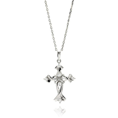 Sterling Silver Rhodium Plated Cross CZ Necklace