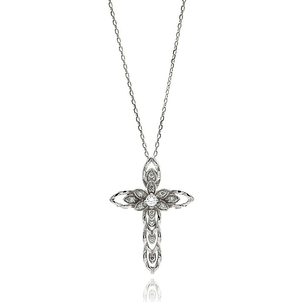 Sterling Silver Rhodium Plated Open Cross CZ Necklace