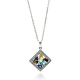 Sterling Silver Necklace with Fancy Paved Clear Czs Open Diamond Shaped Pendant Centered with Multi-Colored and Shape StonesAnd Chain Length of 16 -18  AdjustableAnd Pendant Dimensions: 22MMx19MM