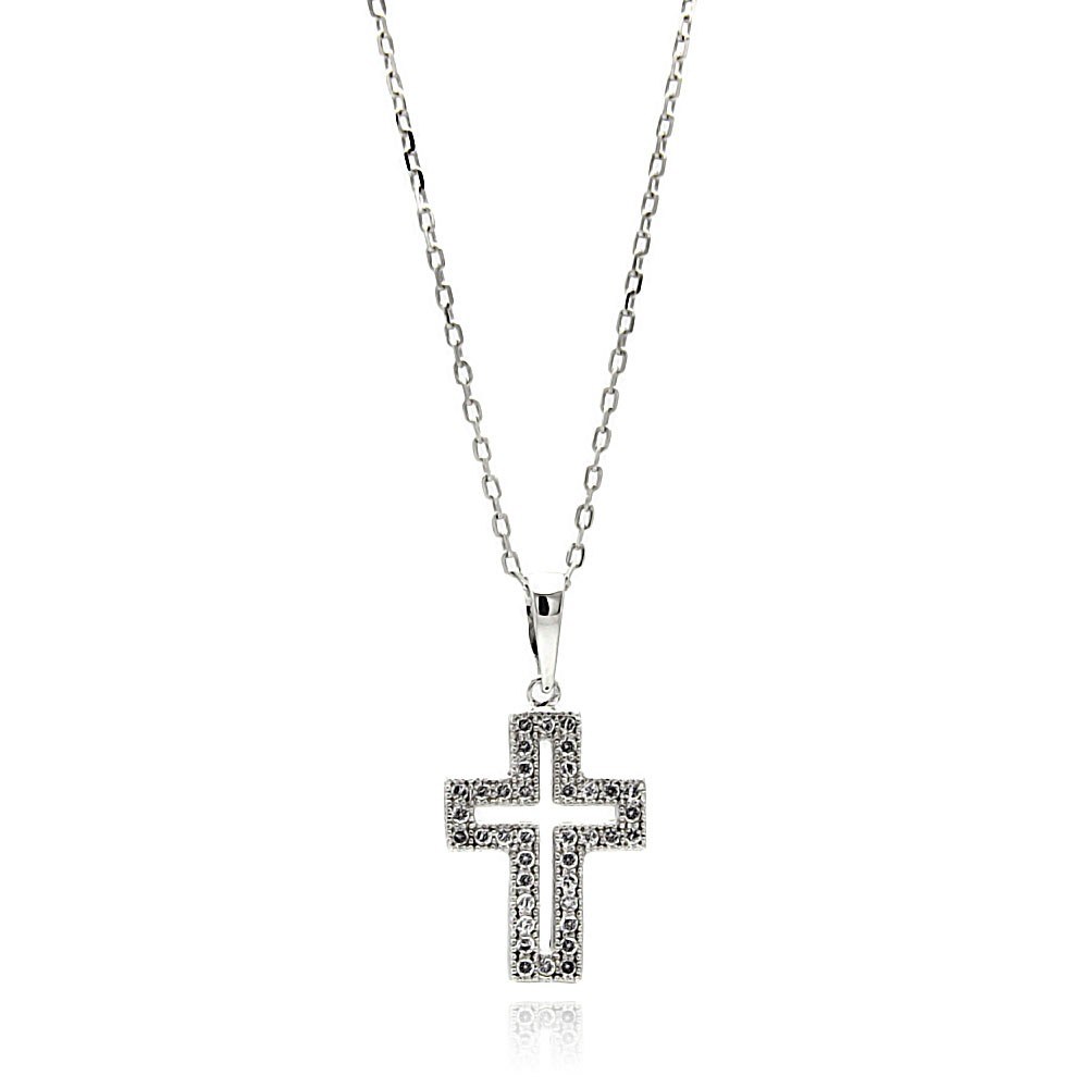 Sterling Silver Rhodium Plated Open Cross CZ Necklace