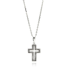Sterling Silver Rhodium Plated Open Cross CZ Necklace