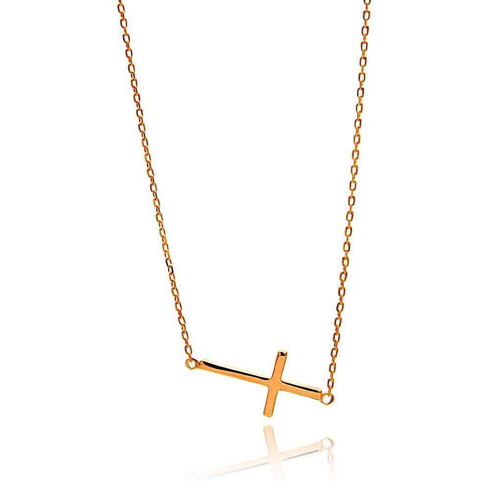 Sterling Silver Rose Gold Plated Sideways Cross Necklace