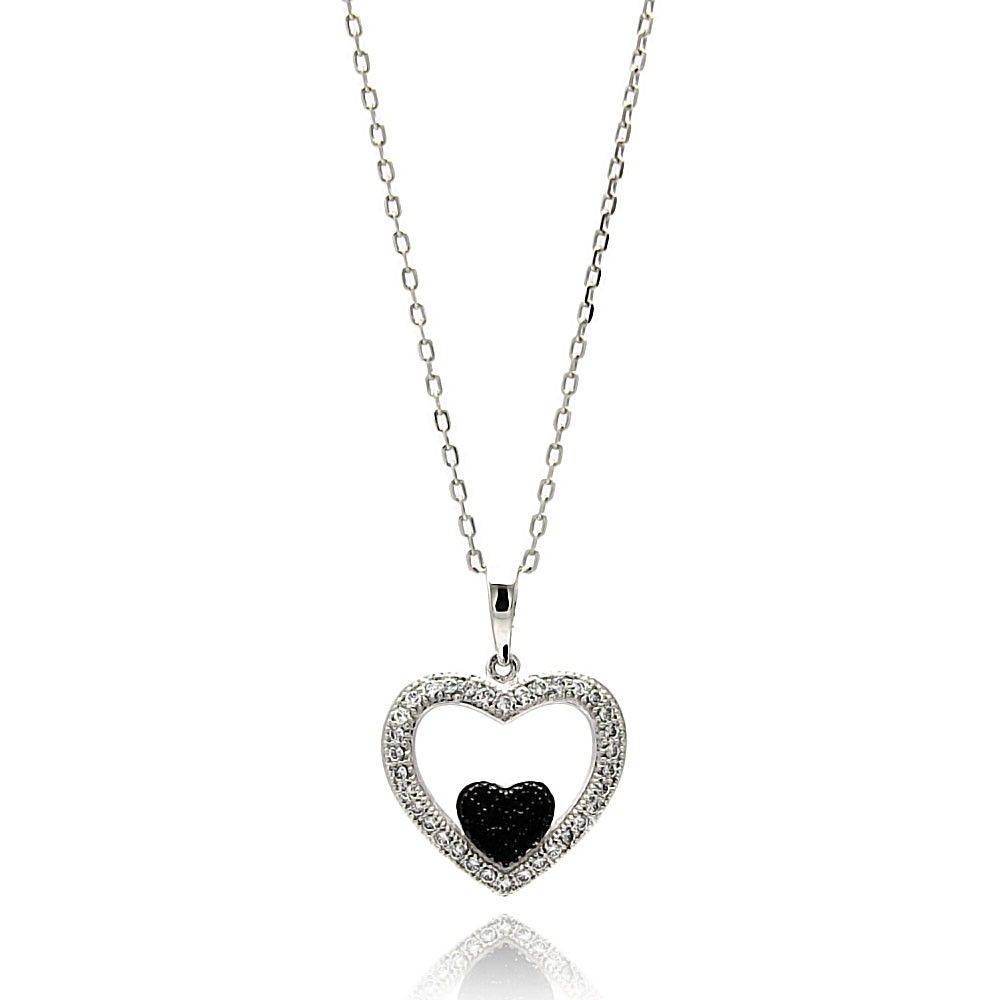 Sterling Silver Rhodium Plated Open Heart Black and Clear CZ Necklace