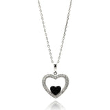 Sterling Silver Rhodium Plated Open Heart Black and Clear CZ Necklace