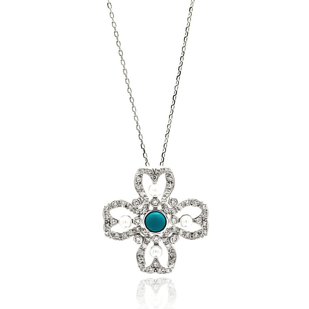 Sterling Silver Rhodium Plated Open Flower Center Blue CZ Necklace