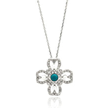 Load image into Gallery viewer, Sterling Silver Rhodium Plated Open Flower Center Blue CZ Necklace