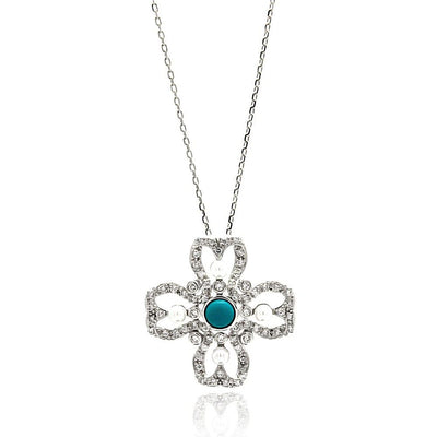 Sterling Silver Rhodium Plated Open Flower Center Blue CZ Necklace