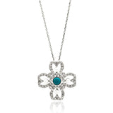 Sterling Silver Rhodium Plated Open Flower Center Blue CZ Necklace