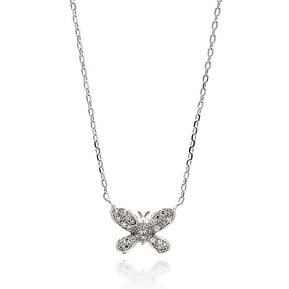 Sterling Silver Necklace with Fancy Paved Small Butterfly PendantAnd Chain Length of 16 -18 And Pendant Dimensions: 9MMx11.6MM