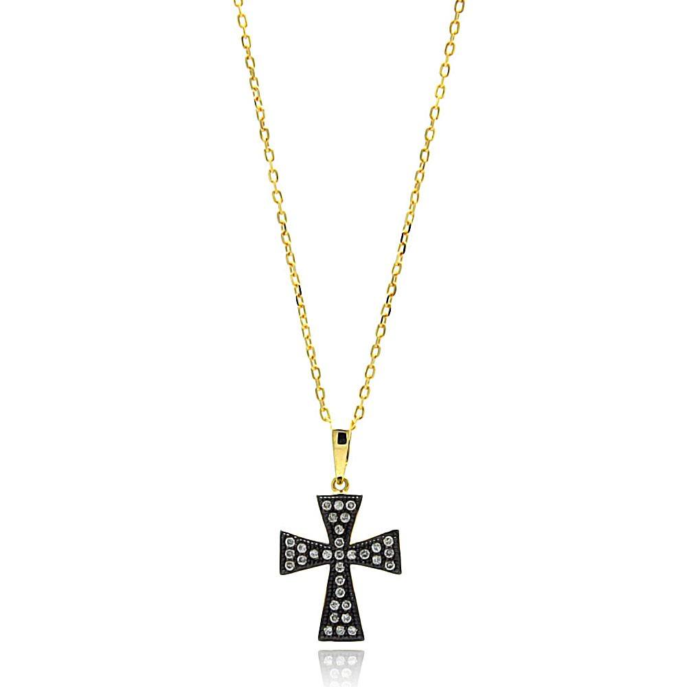 Sterling Silver Gold Plated Black and Clear Cross CZ Necklace