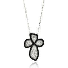 Sterling Silver Rhodium Plated Black and Clear Cross CZ Necklace