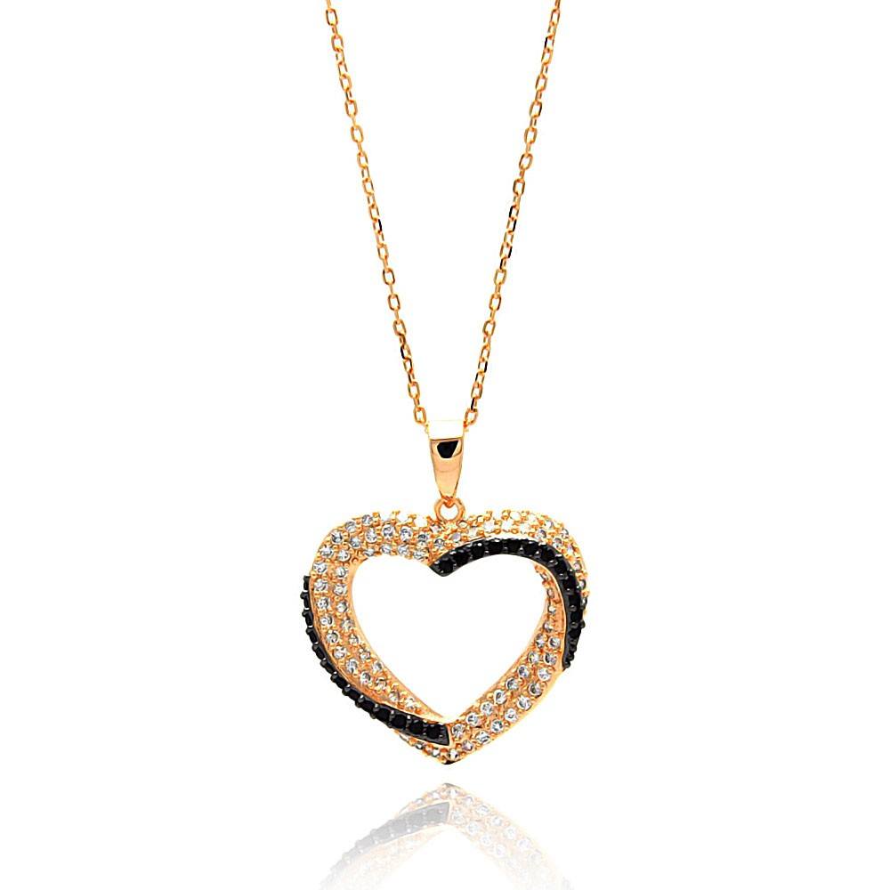 Sterling Silver Gold Plated Necklace with Classy Open Heart Inlaid with Clear and Black Czs PendantAnd Chain Length of 16 -18 And Pendant Dimensions: 22MMx24MM