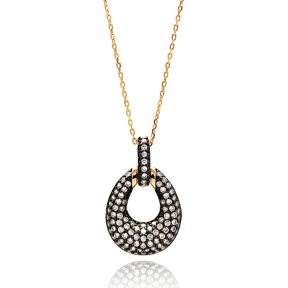 Sterling Silver Rose Gold Plated Necklace with Classy Black Plated Teardrop Shaped Pendant Inlaid with Micro Paved Clear CzsAnd Chain Length of 16 -18 And Pendant Dimensions: 29MMx18MM