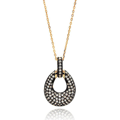 Sterling Silver Rose Gold Plated Necklace with Classy Black Plated Teardrop Shaped Pendant Inlaid with Micro Paved Clear CzsAnd Chain Length of 16 -18 And Pendant Dimensions: 29MMx18MM