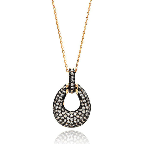 Sterling Silver Rose Gold Plated Necklace with Classy Black Plated Teardrop Shaped Pendant Inlaid with Micro Paved Clear CzsAnd Chain Length of 16 -18 And Pendant Dimensions: 29MMx18MM