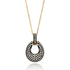 Sterling Silver Rose Gold Plated Necklace with Classy Black Plated Teardrop Shaped Pendant Inlaid with Micro Paved Clear CzsAnd Chain Length of 16 -18 And Pendant Dimensions: 29MMx18MM