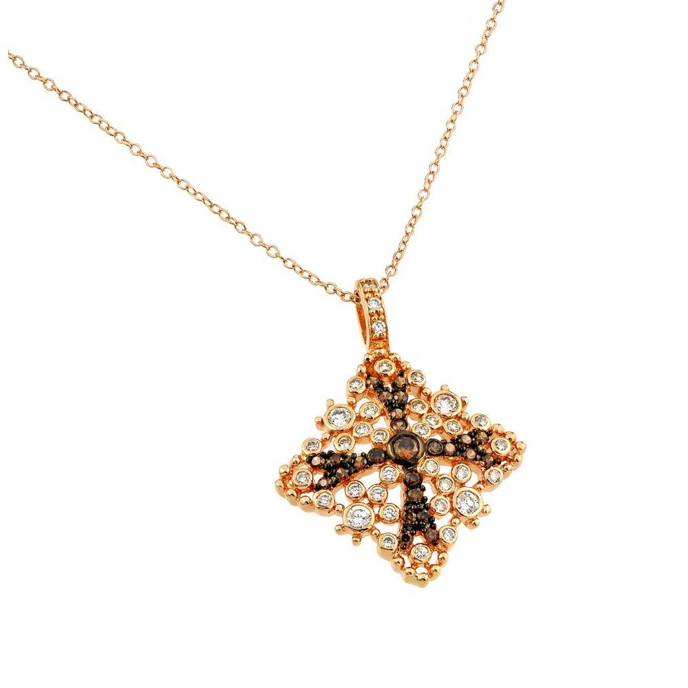 Sterling Silver Rose Gold Plated Necklace with Classy Diamond Shaped Inlaid with Clear Czs on Bezel Setting and Centered Black Plated Cross Design Set with Red Czs PendantAnd Chain Length of 16  Adjusta