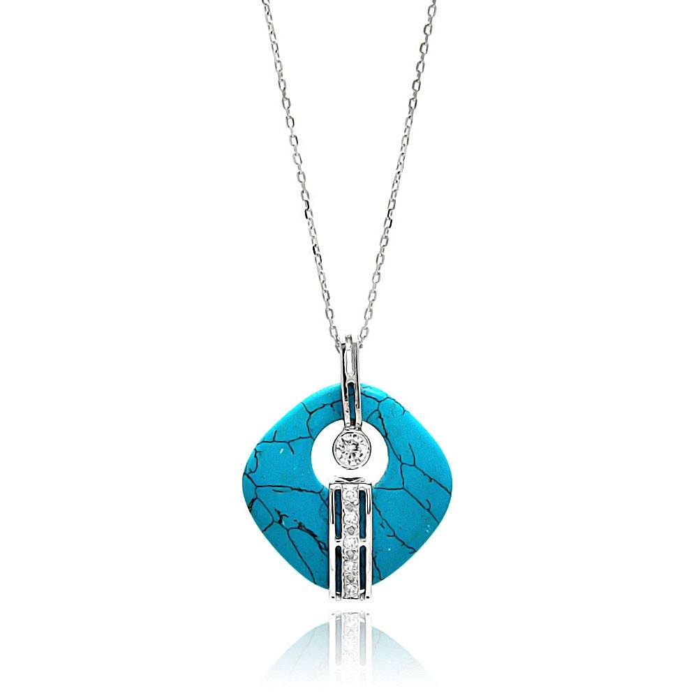 Sterling Silver Rhodium Plated Turquoise Open Square Stone Center Circle CZ Necklace