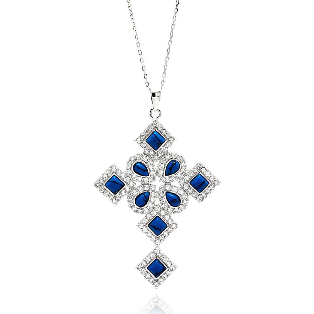Sterling Silver Rhodium Plated Blue Multiple Shape Cross CZ Necklace