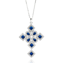 Load image into Gallery viewer, Sterling Silver Rhodium Plated Blue Multiple Shape Cross CZ Necklace