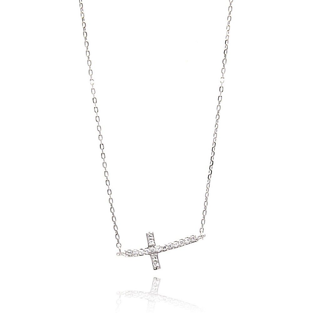 Sterling Silver Rhodium Plated Sideways Cross CZ Necklace