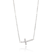 Load image into Gallery viewer, Sterling Silver Rhodium Plated Sideways Cross CZ Necklace