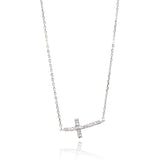 Sterling Silver Rhodium Plated Sideways Cross CZ Necklace