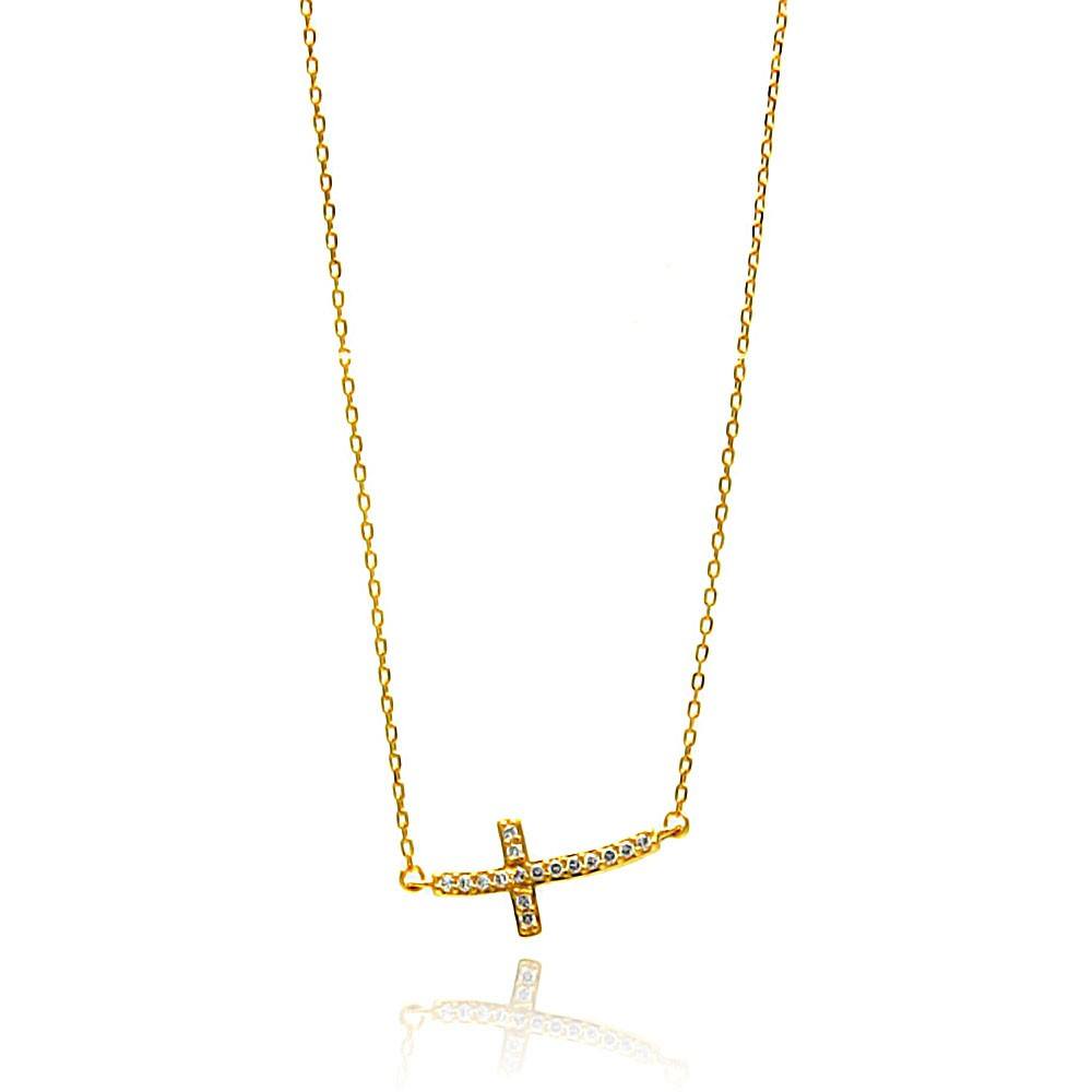 Sterling Silver Gold Plated Curvy Sideways Cross CZ Necklace