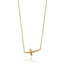 Load image into Gallery viewer, Sterling Silver Gold Plated Curvy Sideways Cross CZ Necklace