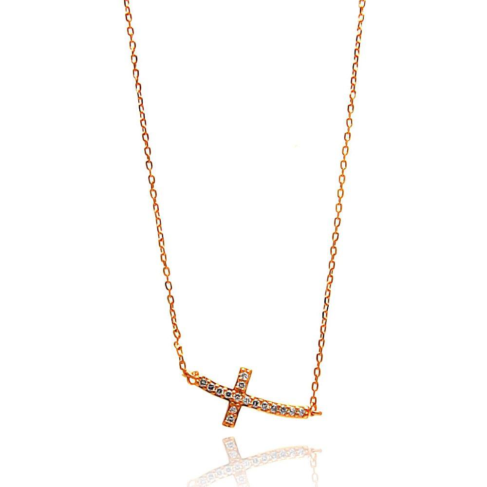 Sterling Silver Rose Gold Plated Sideways Cross CZ Necklace