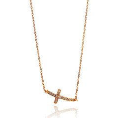 Sterling Silver Rose Gold Plated Sideways Cross CZ Necklace