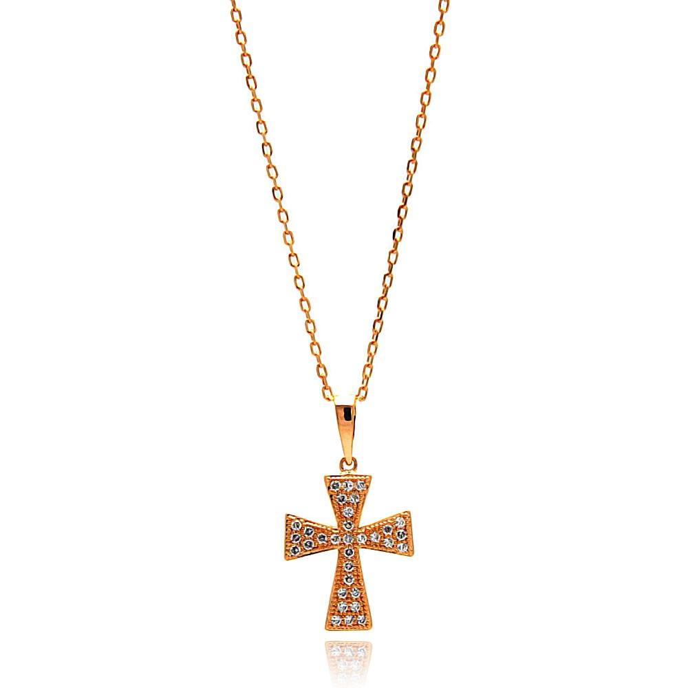 Sterling Silver Rose Gold Plated Cross CZ Inlay Dangling Necklace