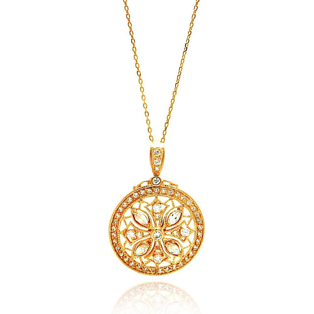 Sterling Silver Rose Gold Plated Necklace with Cut-Out Filigree Flower Design Inlaid with Clear Czs PendantAnd Chain Length of 16 -18  AdjustableAnd Pendant Diameter: 26MM