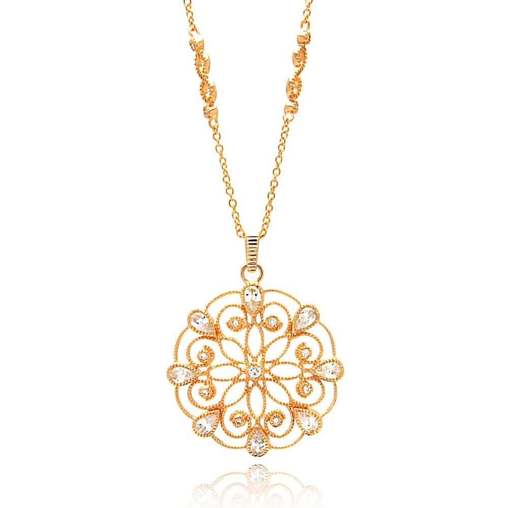 Sterling Silver Fancy Rose Gold Plated  S\' Connected Link Necklace with Cut-Out Flower Design Inlaid with Clear Czs PendantAnd Chain Length of 16  AdjustableAnd Pendant Dimensions: 37MMx33MM
