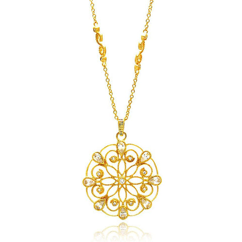 Sterling Silver Fancy Gold Plated  S\' Connected Link Necklace with Cut-Out Flower Design Inlaid with Clear Czs PendantAnd Chain Length of 16  AdjustableAnd Pendant Dimensions: 37MMx33MM
