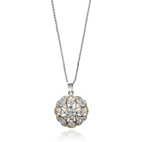 Sterling Silver Necklace with Filigree Cut-Out Pendant Heart and Gold Plated Lined Flower Design Inlaid with Clear CzsAnd Chain Length of 16  AdjustableAnd Pendant Dimensions: 23.7MMx20.8MM