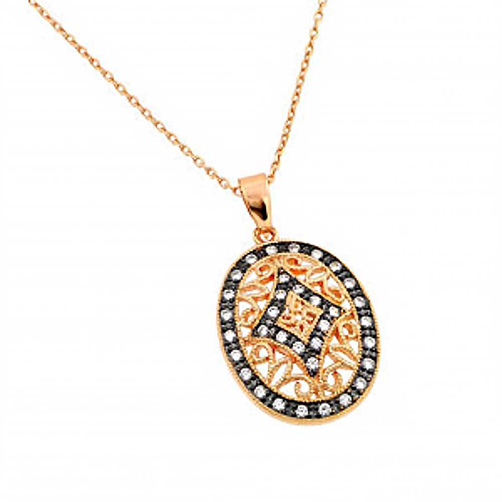 Sterling Silver Rose Gold Plated Necklace with Elegant Oval Filigree Pendant Inlaid with Clear Czs on Black SettingAnd Chain Length of 16  AdjustableAnd Pendant Dimensions: 30.6MMx17.9MM