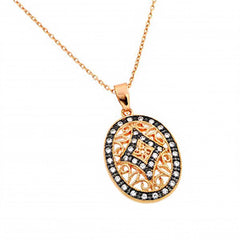 Sterling Silver Rose Gold Plated Necklace with Elegant Oval Filigree Pendant Inlaid with Clear Czs on Black SettingAnd Chain Length of 16  AdjustableAnd Pendant Dimensions: 30.6MMx17.9MM